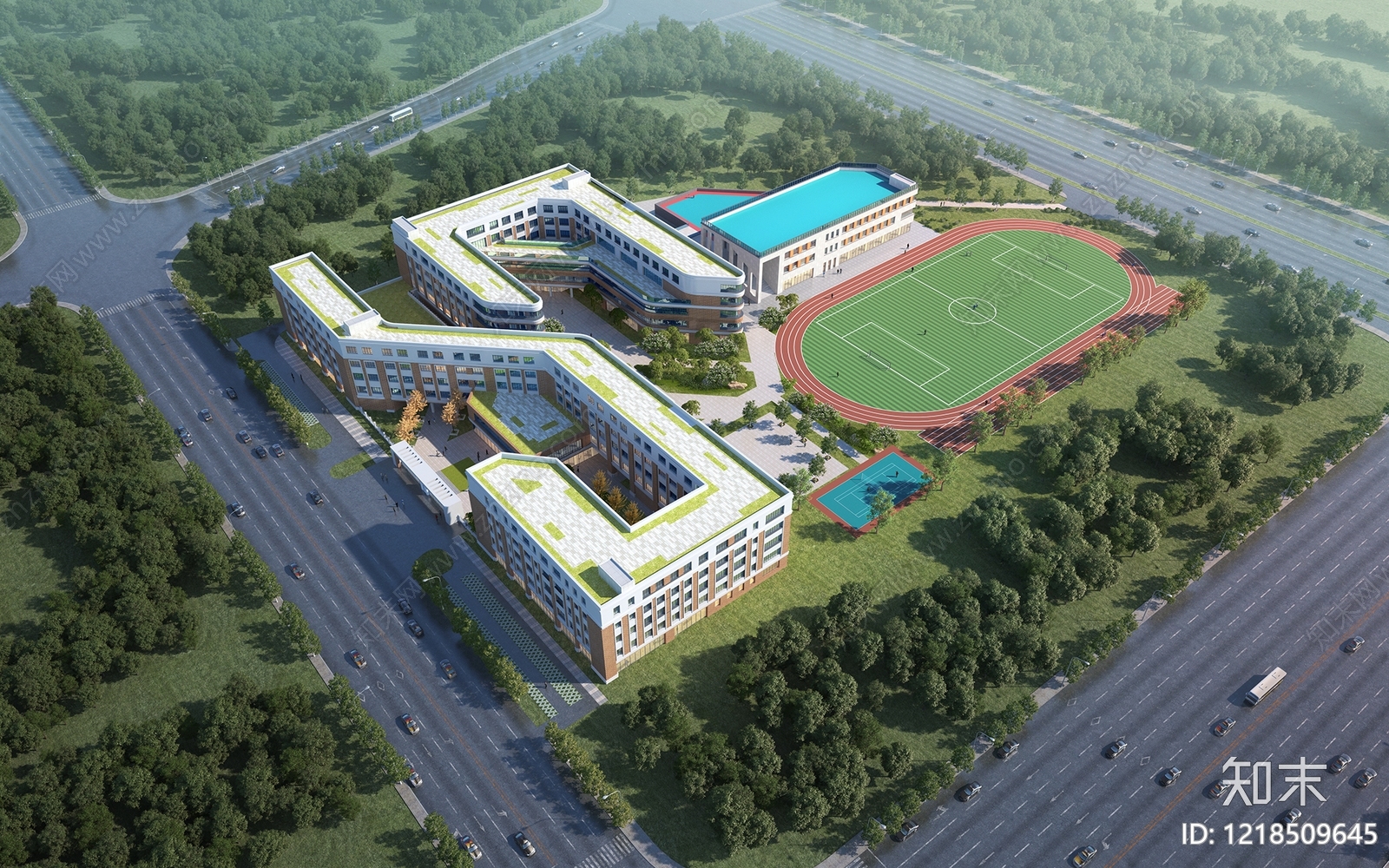 现代主义学校外观3D模型渲染效果图