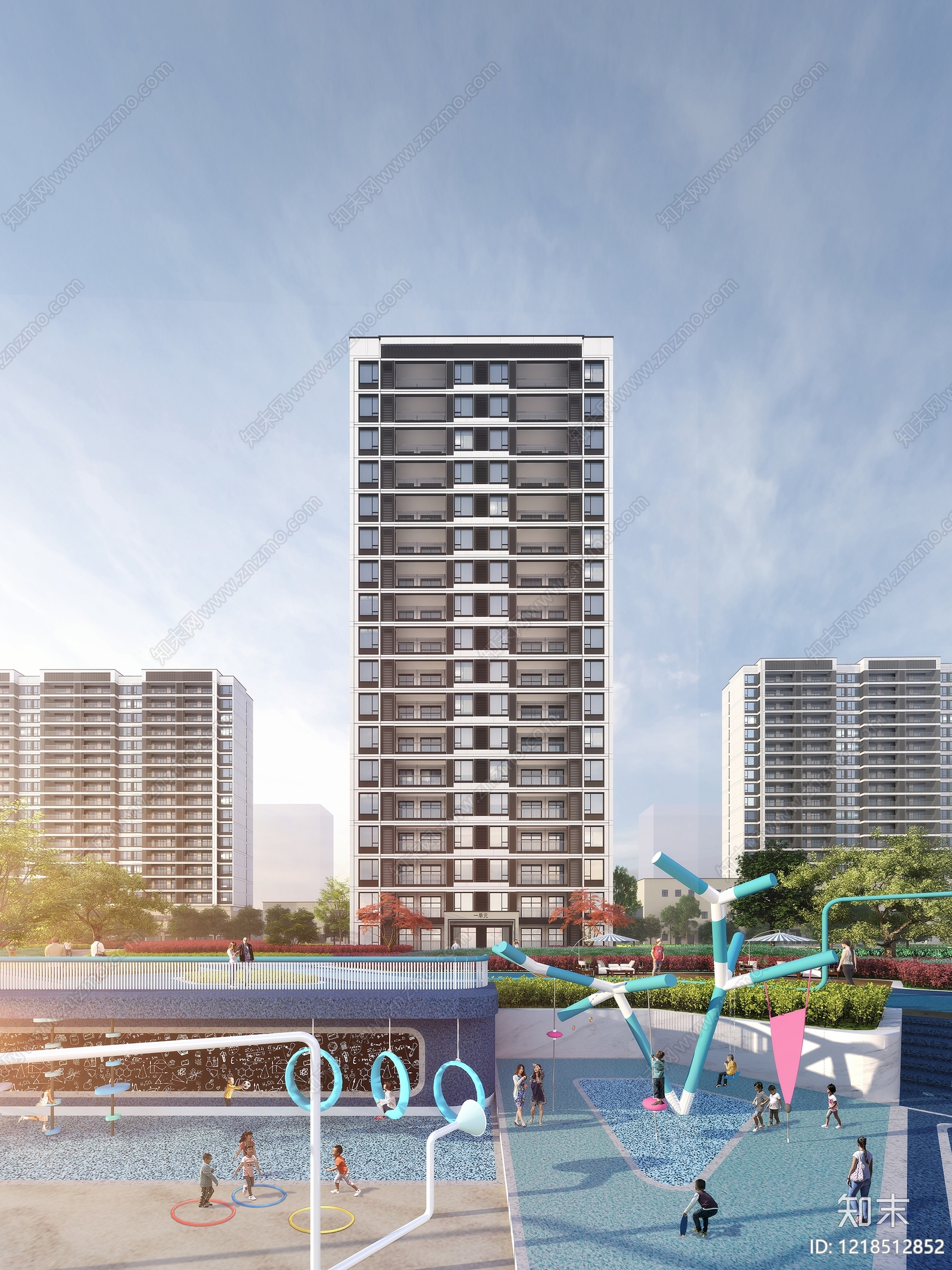 现代主义小高层住宅楼3D模型渲染效果图