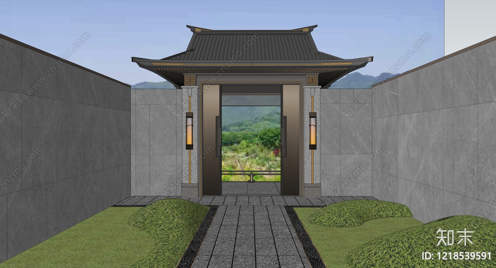 新中式入口大门SU模型下载【ID:1218539591】
