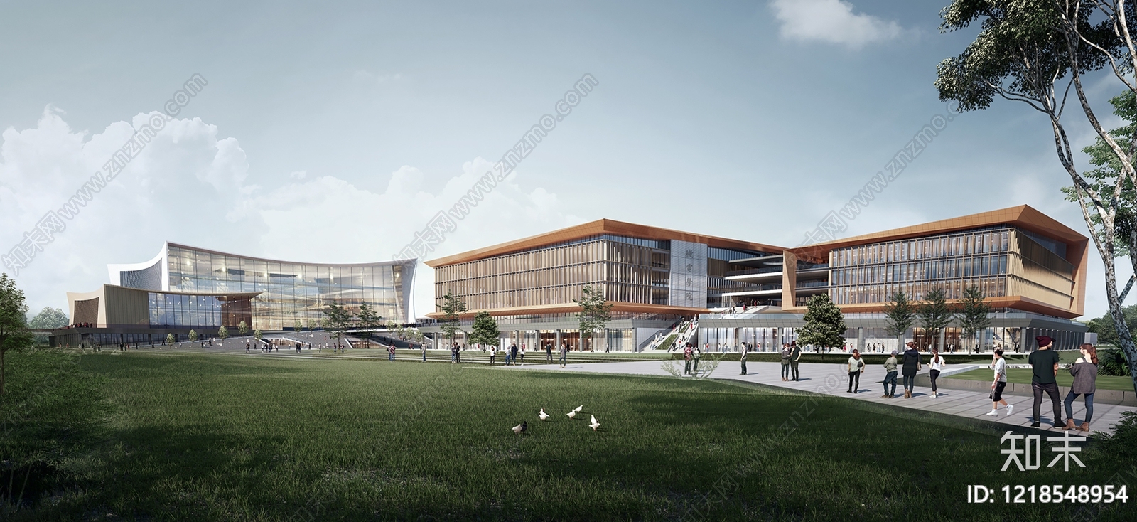 现代主义学校外观3D模型渲染效果图