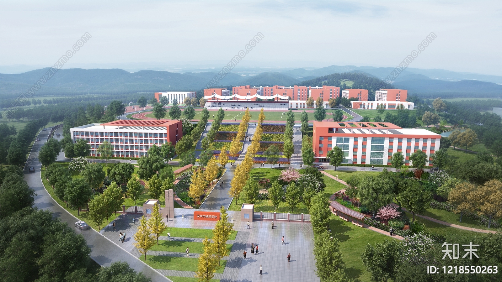 现代主义学校外观3D模型渲染效果图