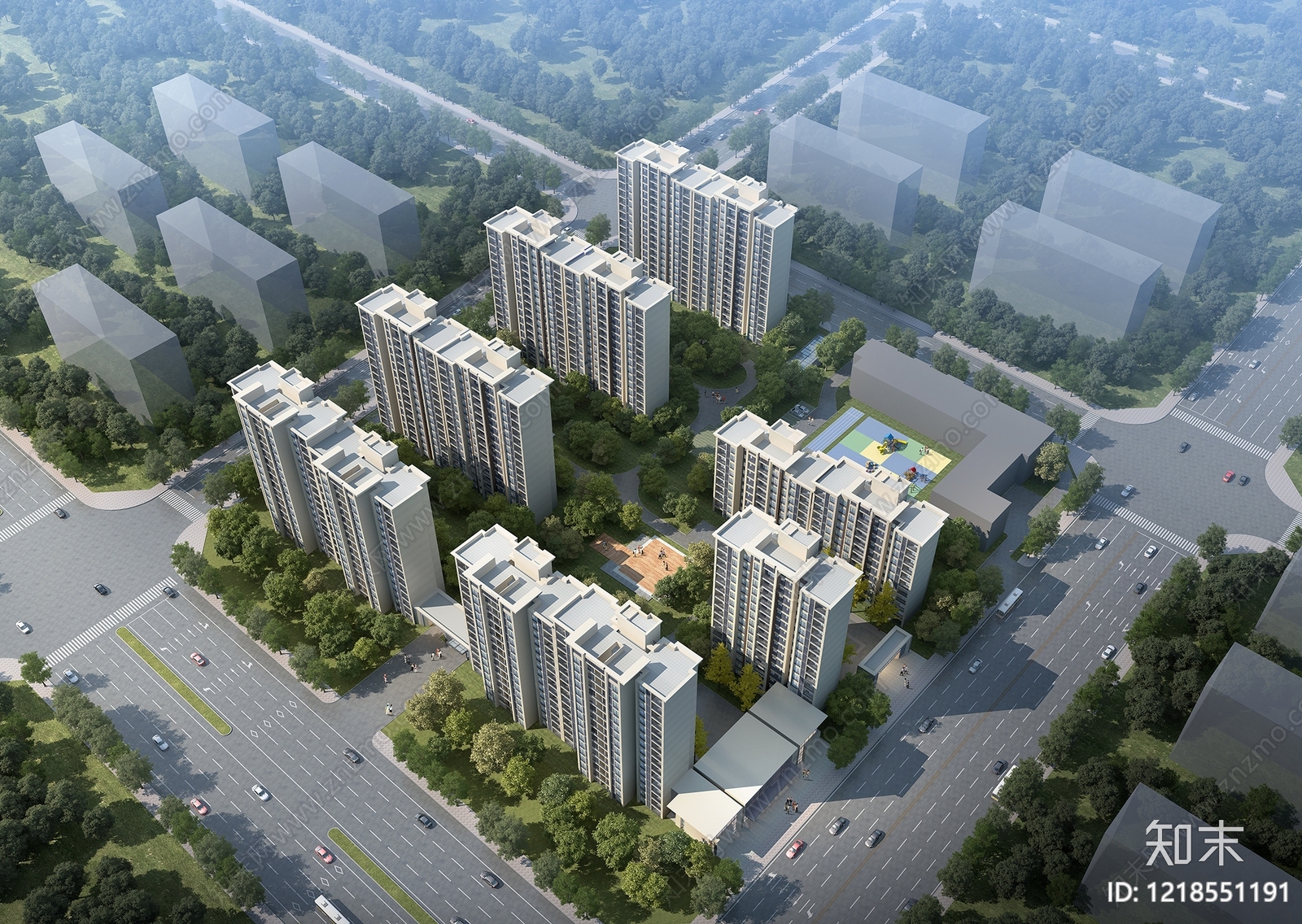 现代简约小高层住宅楼3D模型渲染效果图