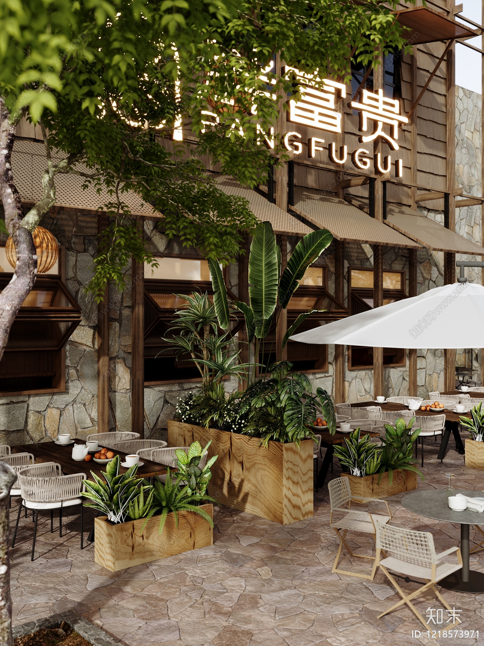 新中式餐饮建筑3D模型下载【ID:1218573971】