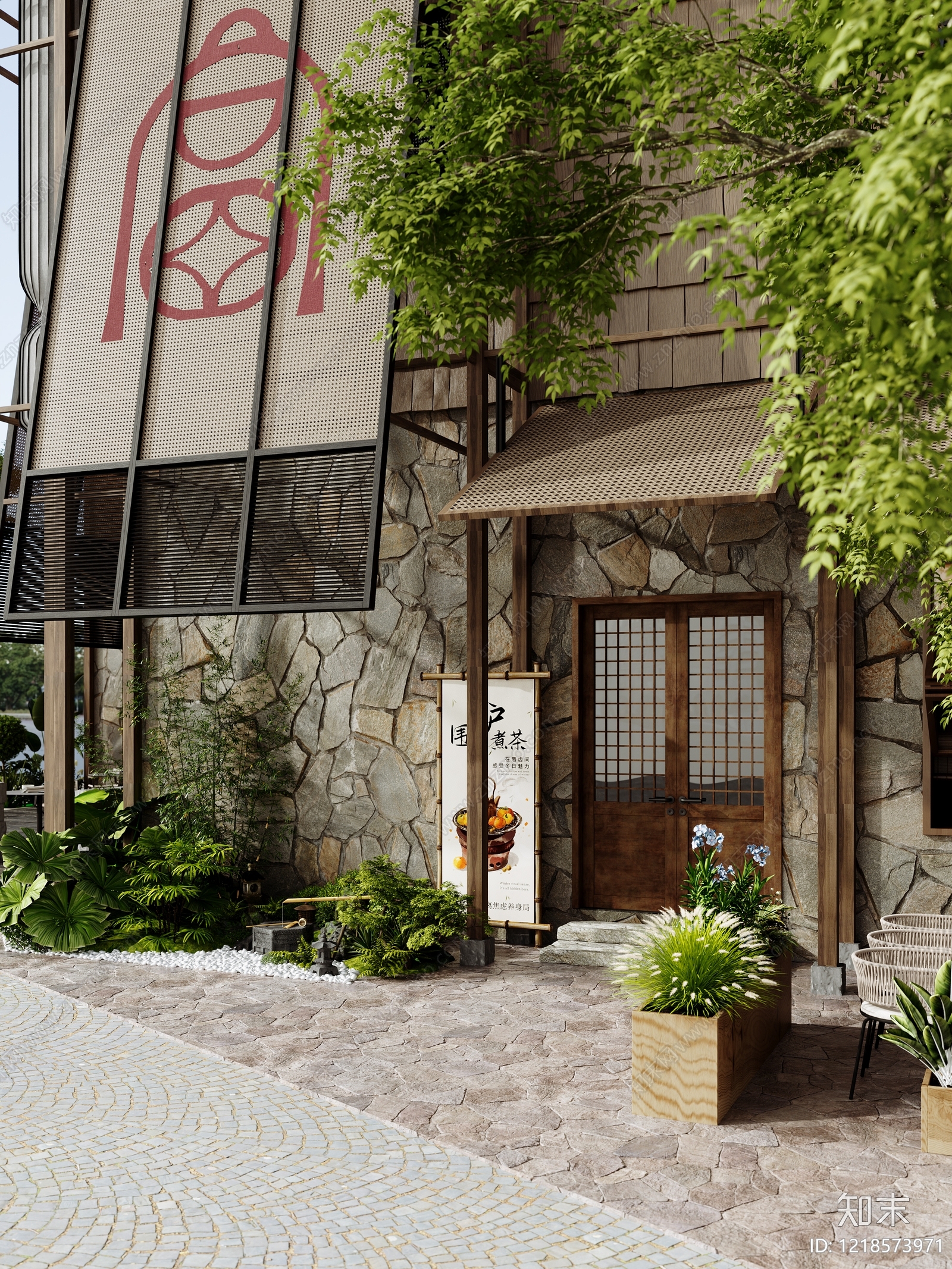 新中式餐饮建筑3D模型下载【ID:1218573971】