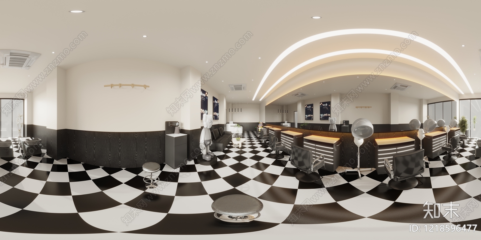 现代复古混搭美发店3D模型渲染效果图