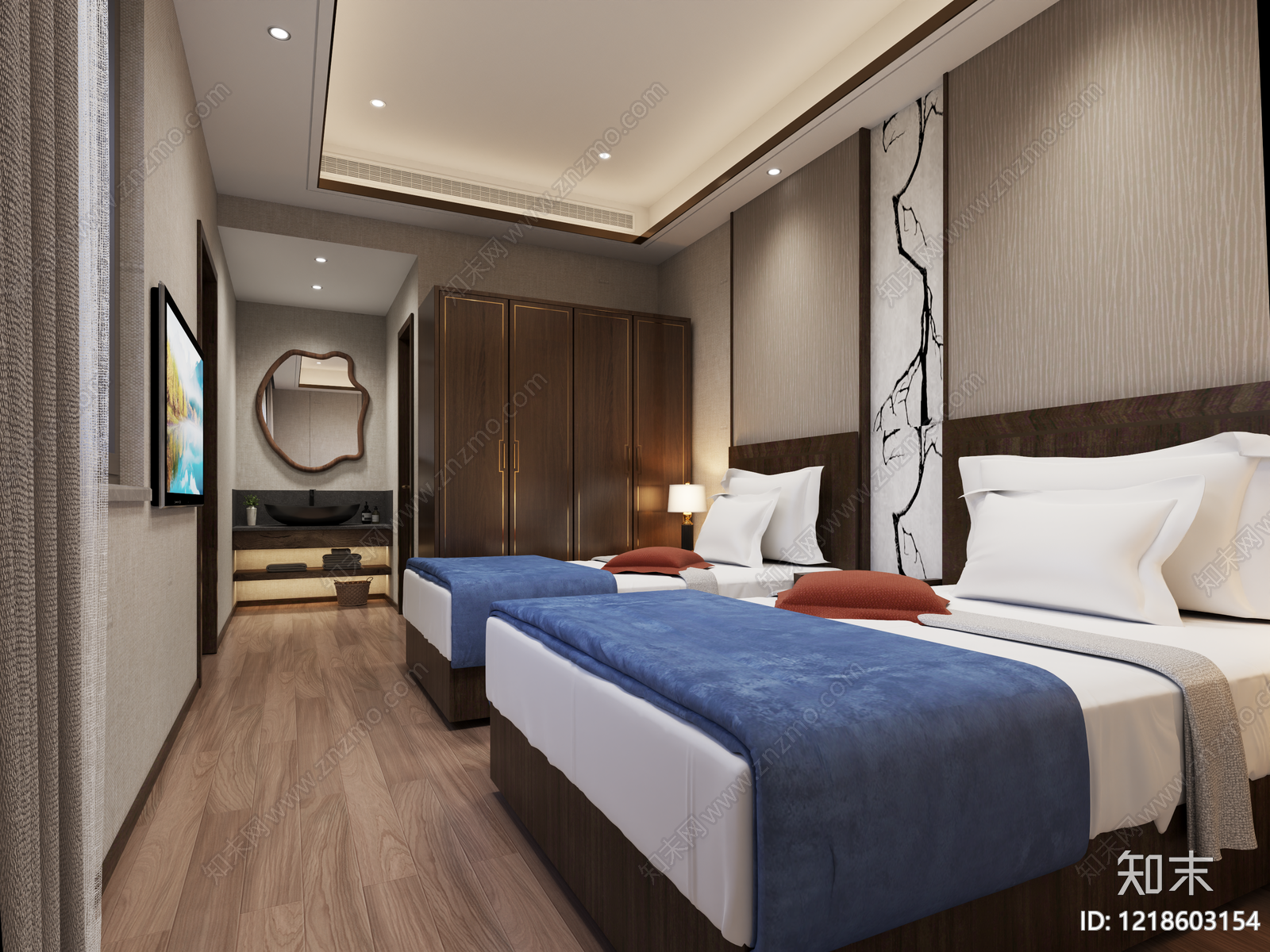 新中式酒店客房3D模型下载【ID:1218603154】