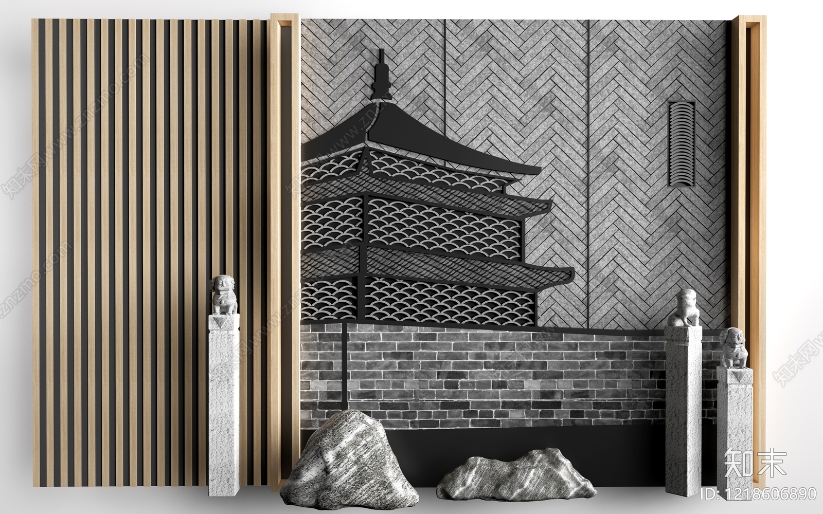 新中式文化墙3D模型下载【ID:1218606890】