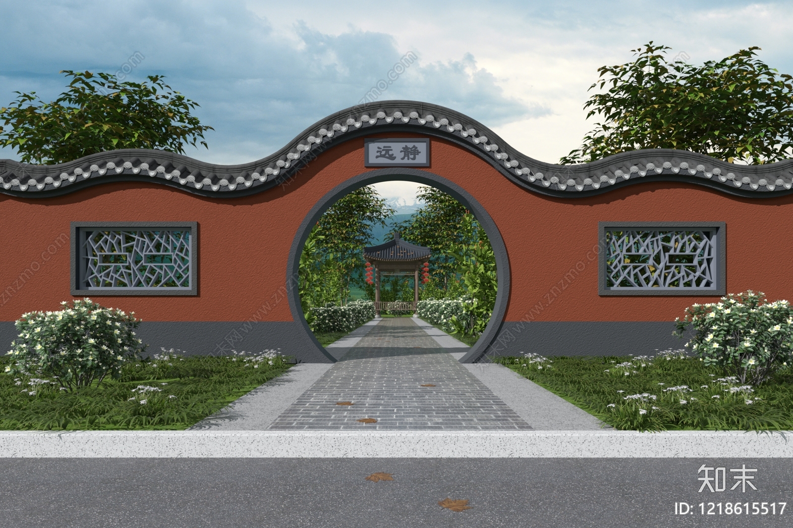 新中式景观围栏3D模型渲染效果图