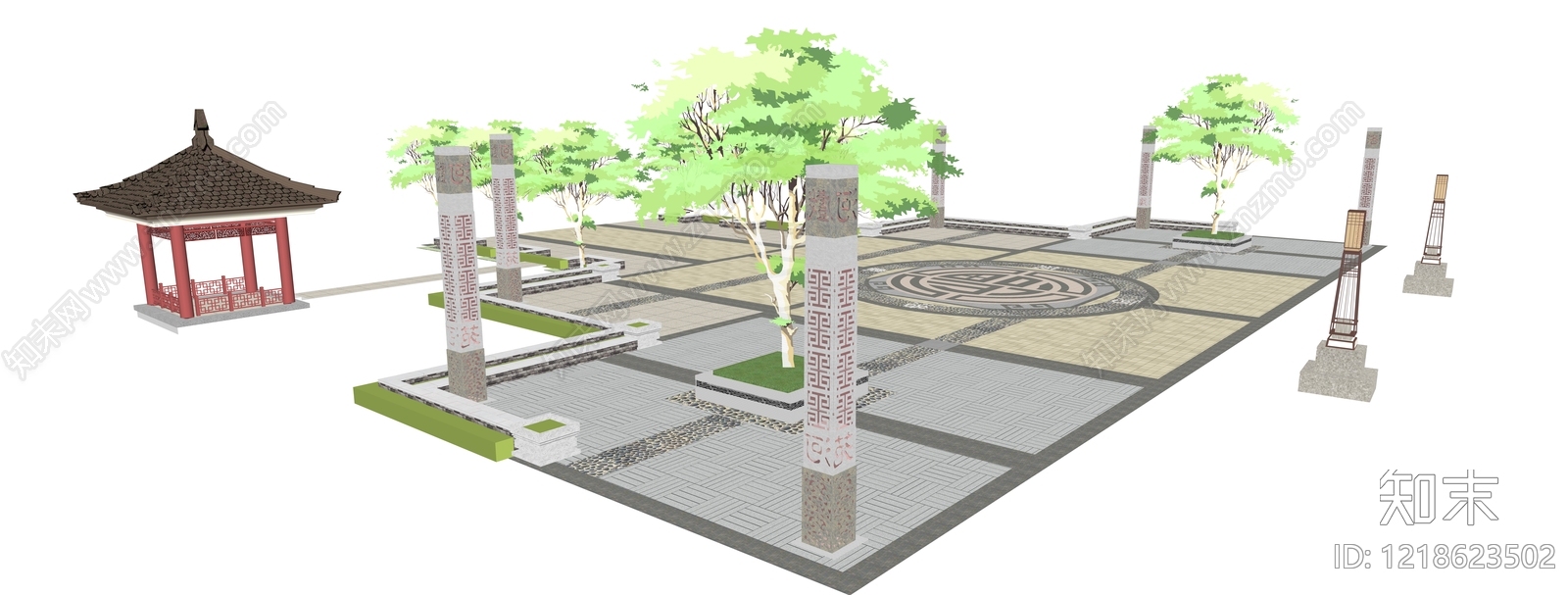 新中式广场景观SU模型下载【ID:1218623502】