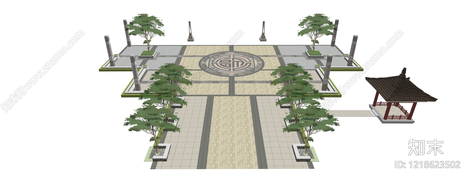 新中式广场景观SU模型下载【ID:1218623502】