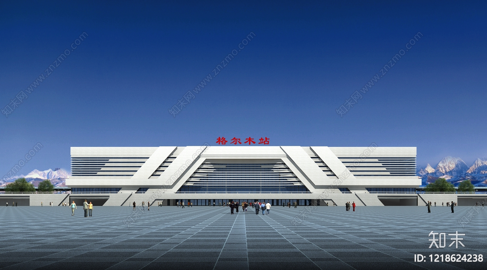 现代主义车站外观3D模型渲染效果图
