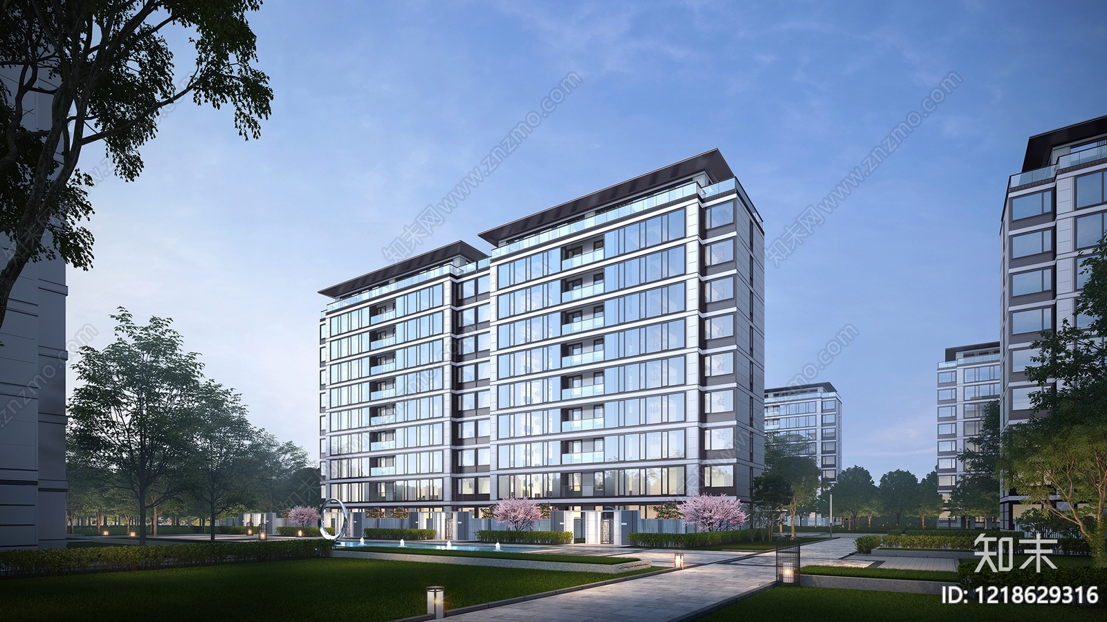 现代极简小高层住宅楼3D模型渲染效果图