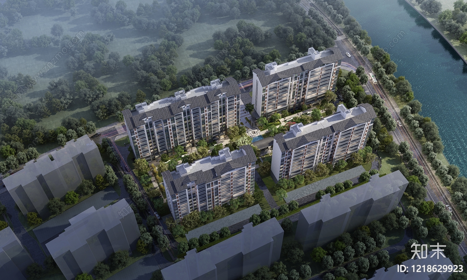 新中式小高层住宅楼3D模型渲染效果图