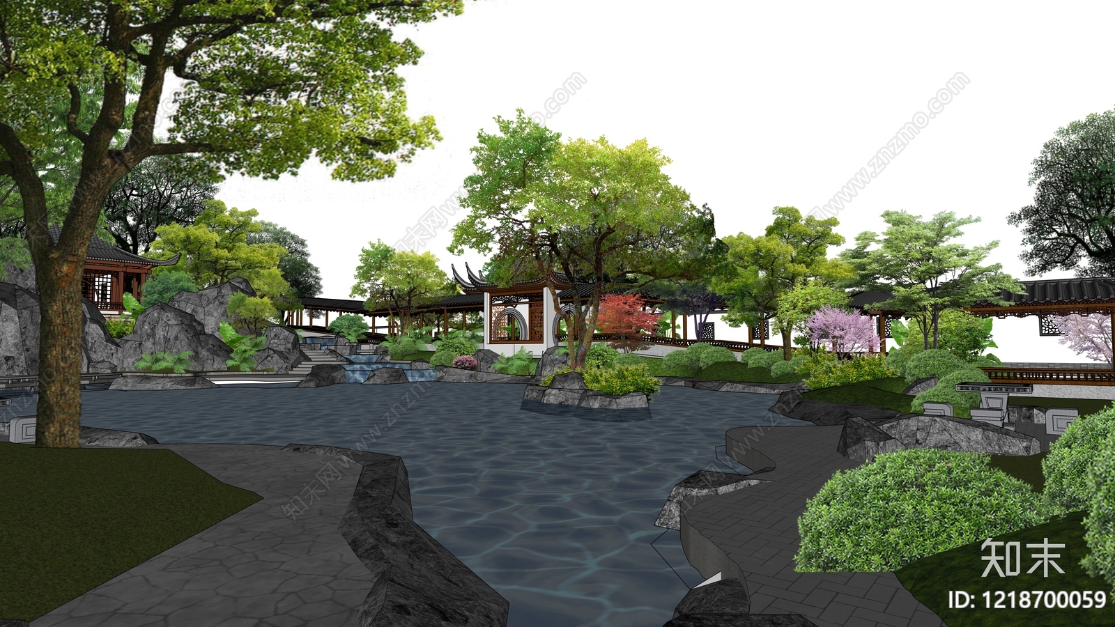 传统园林风格景观公园SU模型下载【ID:1218700059】