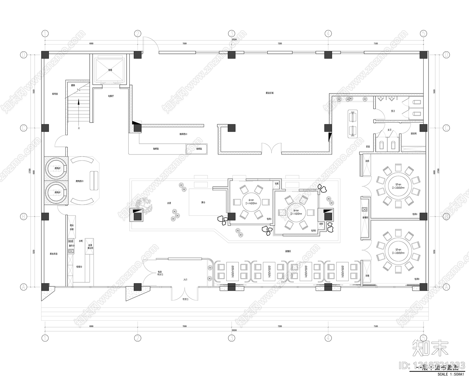 中餐厅cad施工图下载【ID:1218721333】