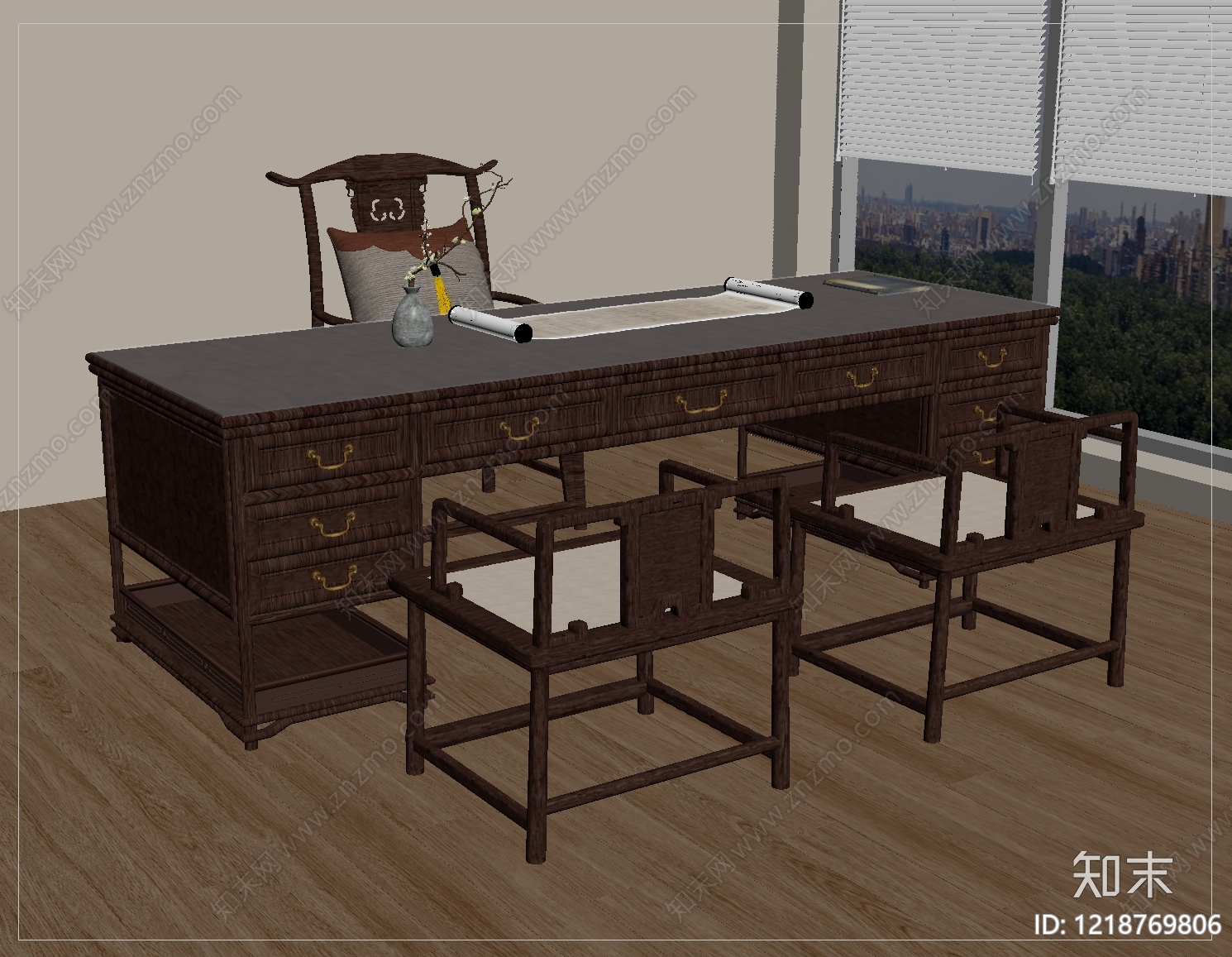 新中式办公桌SU模型下载【ID:1218769806】