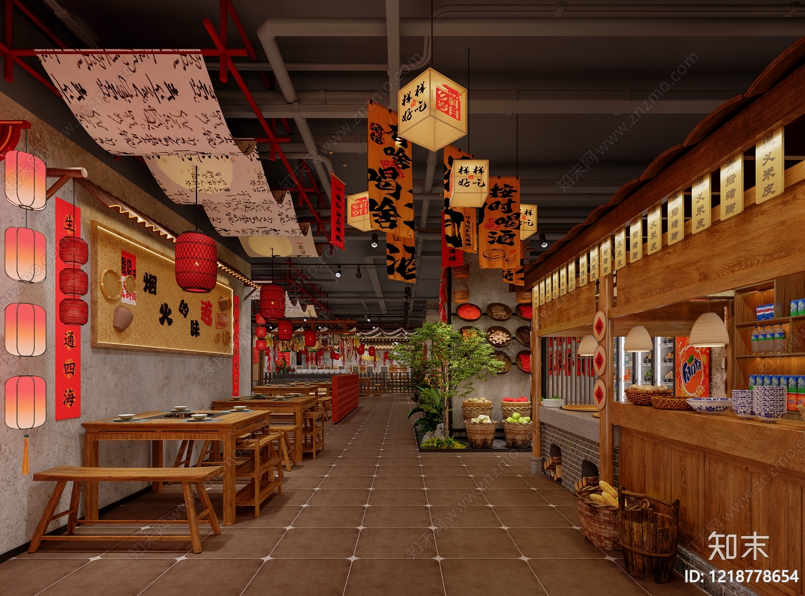 新中式复古风火锅店3D模型渲染效果图