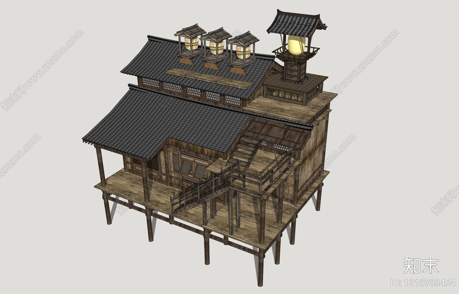 日式传统建筑风格民宿建筑SU模型下载【ID:1218783454】