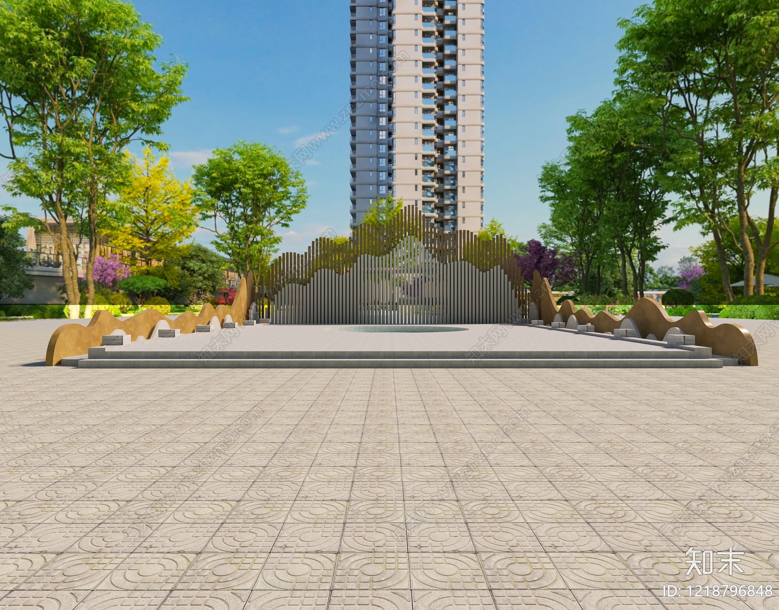新中式景观入口广场3D模型渲染效果图