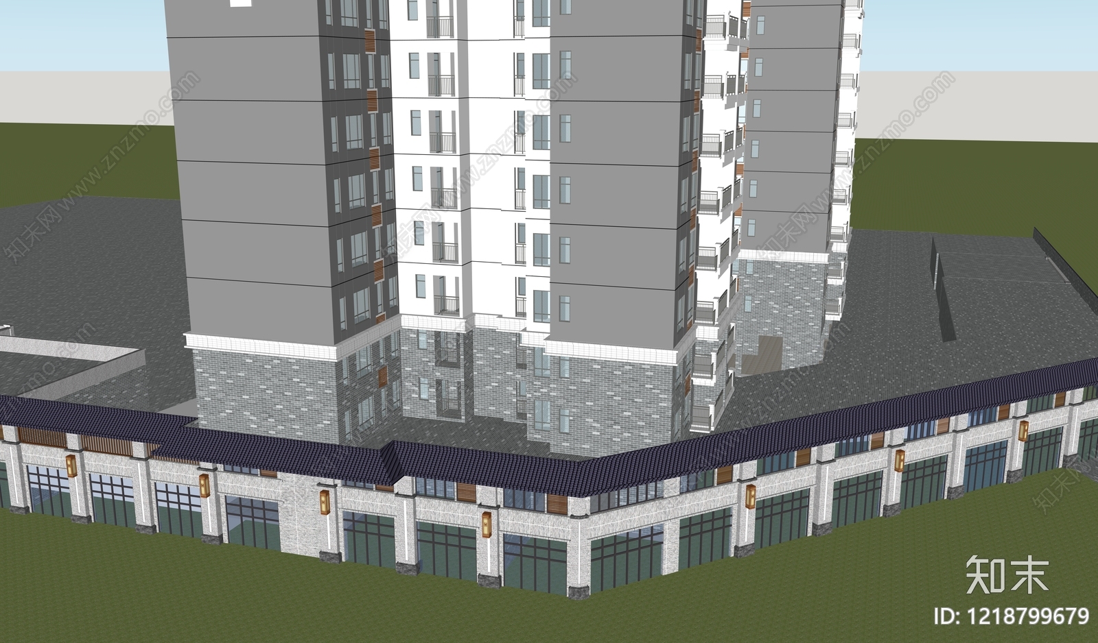 新中式小高层住宅楼SU模型下载【ID:1218799679】