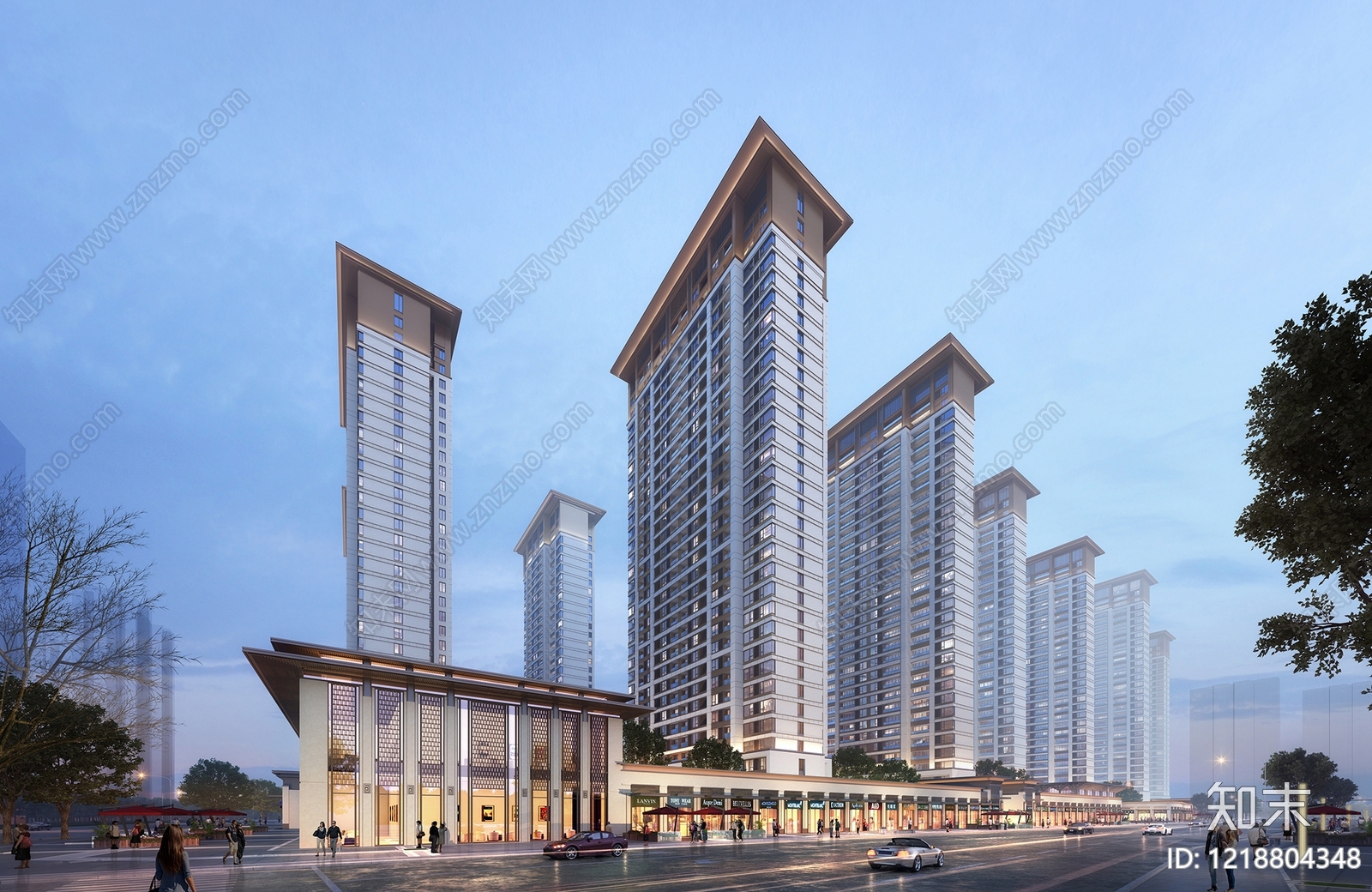 新中式小高层住宅楼3D模型渲染效果图