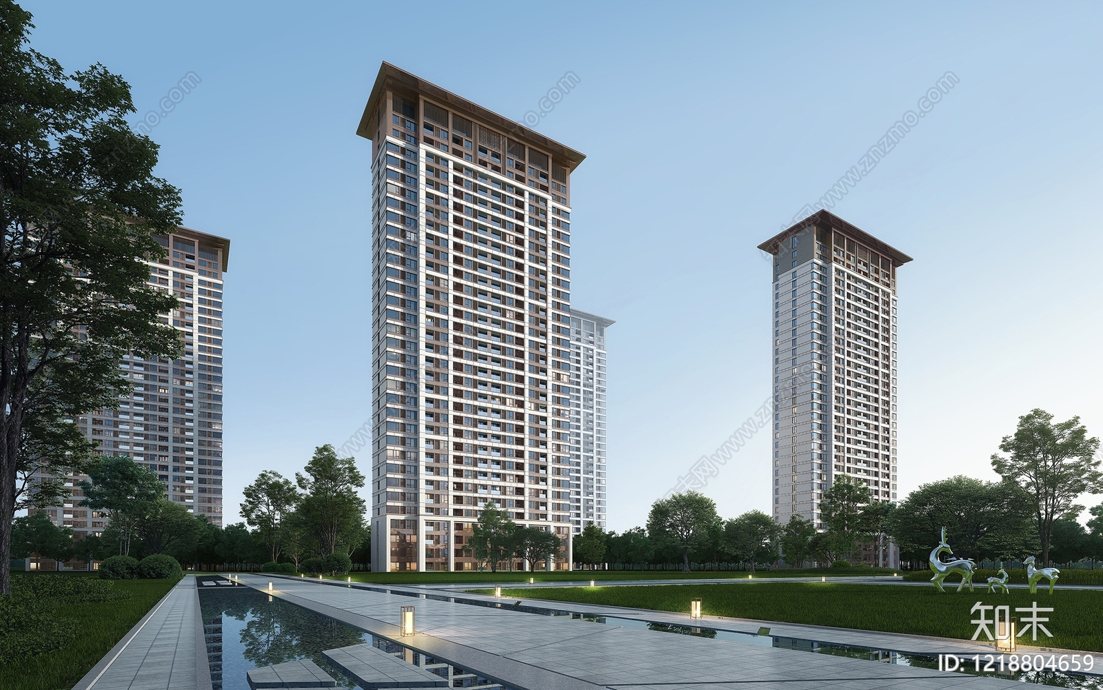 新中式小高层住宅楼3D模型渲染效果图