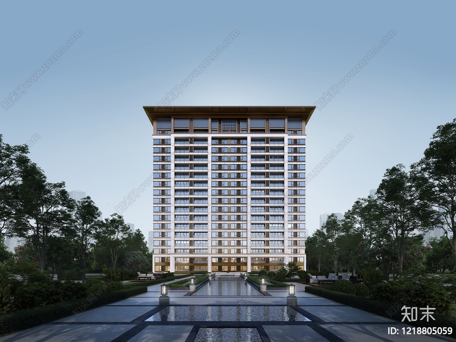 新中式小高层住宅楼3D模型渲染效果图