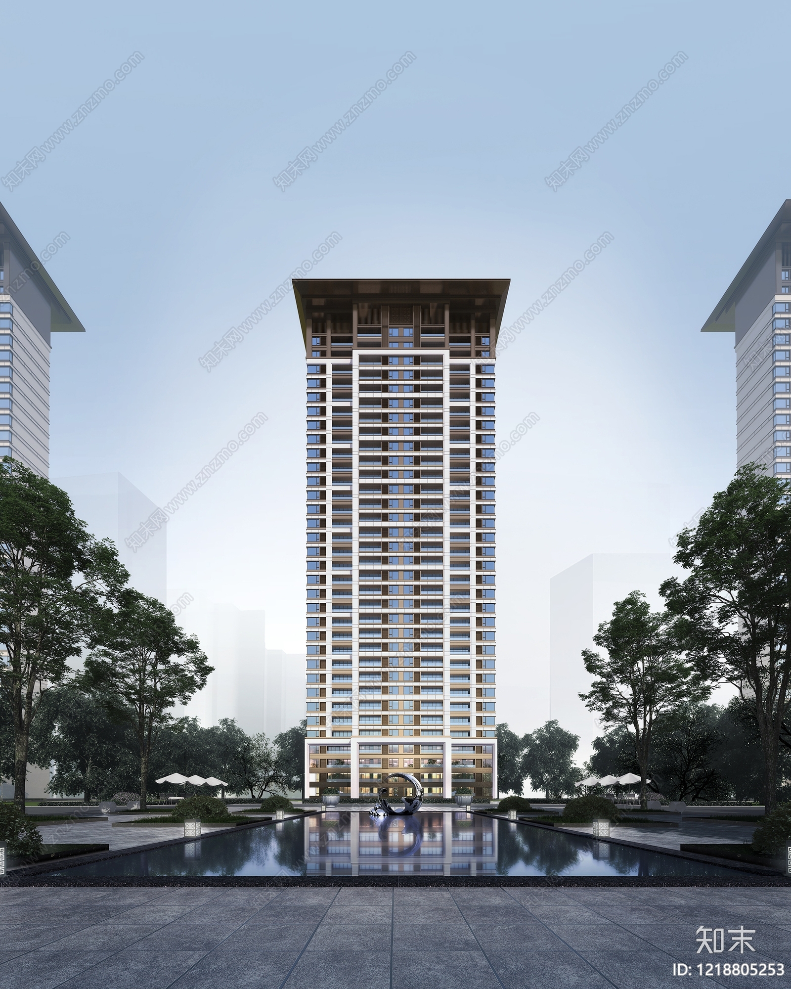 新中式小高层住宅楼3D模型渲染效果图