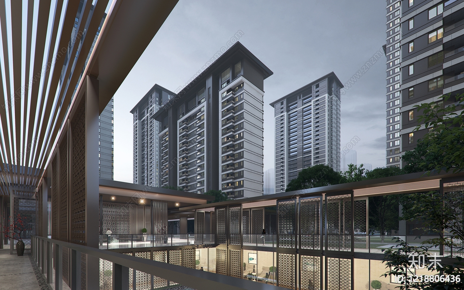 新中式小高层住宅楼3D模型渲染效果图
