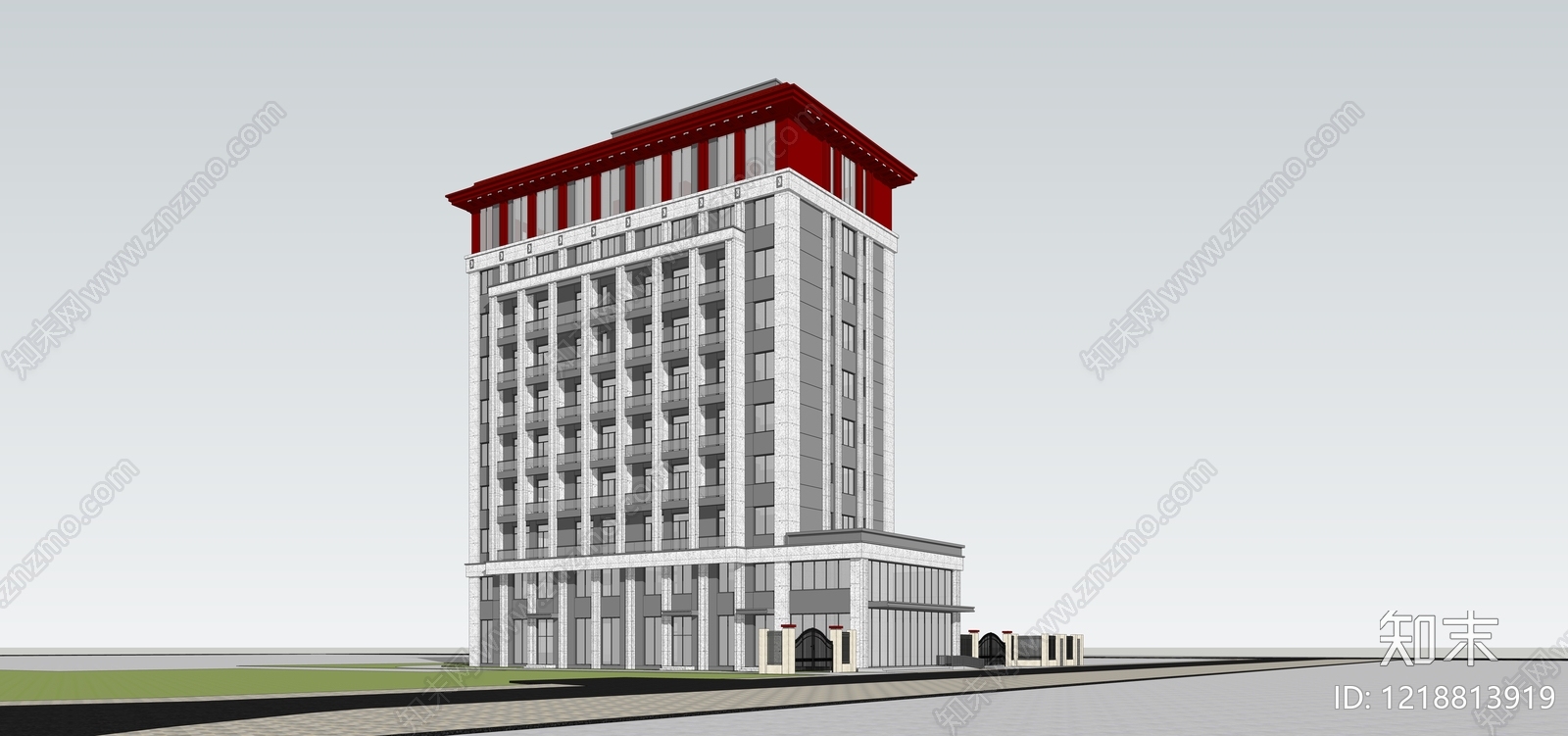 新中式医院建筑SU模型下载【ID:1218813919】