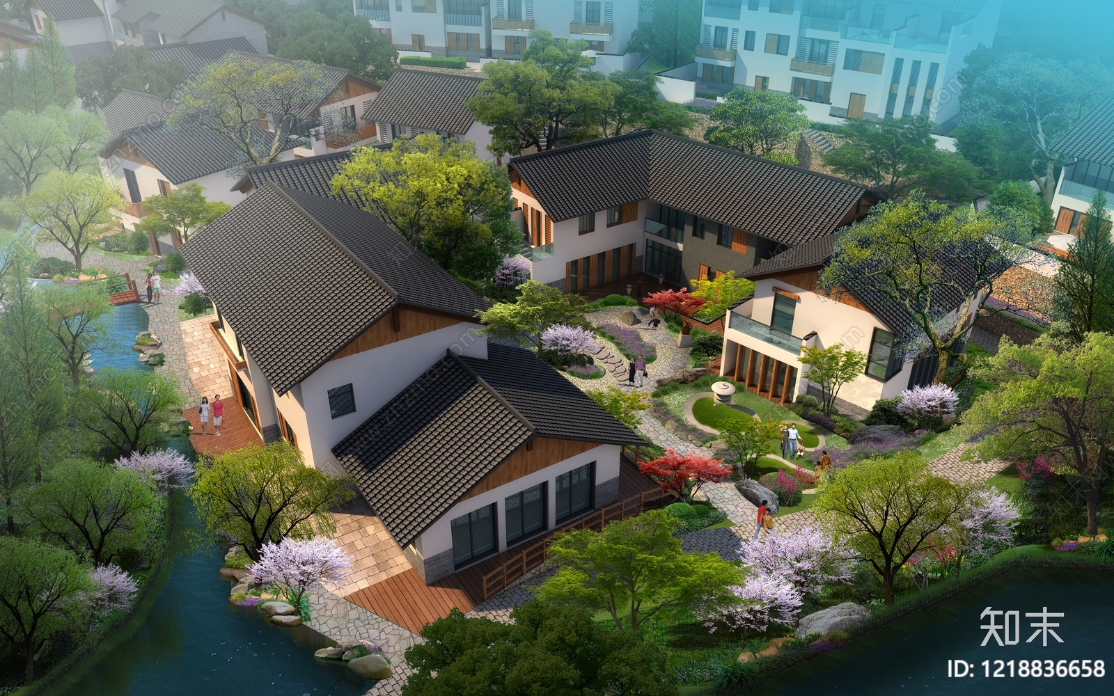 新中式民宿建筑SU模型下载【ID:1218836658】