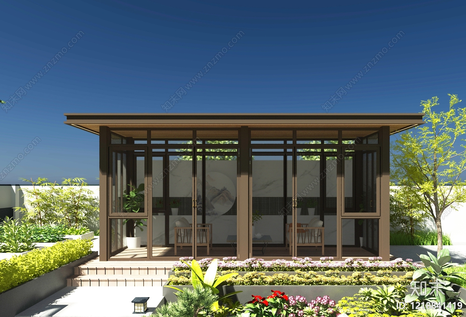 新中式屋顶花园3D模型渲染效果图