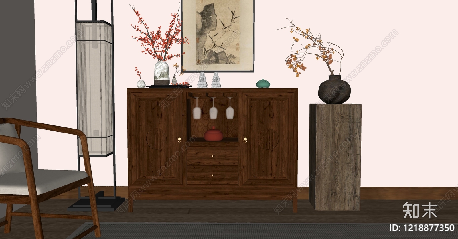 新中式餐边柜SU模型下载【ID:1218877350】