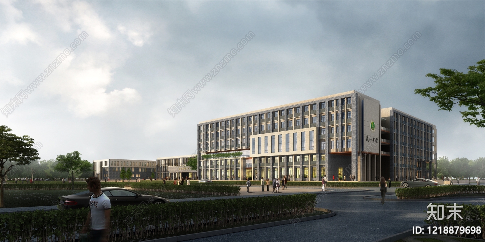 现代主义学校外观3D模型渲染效果图