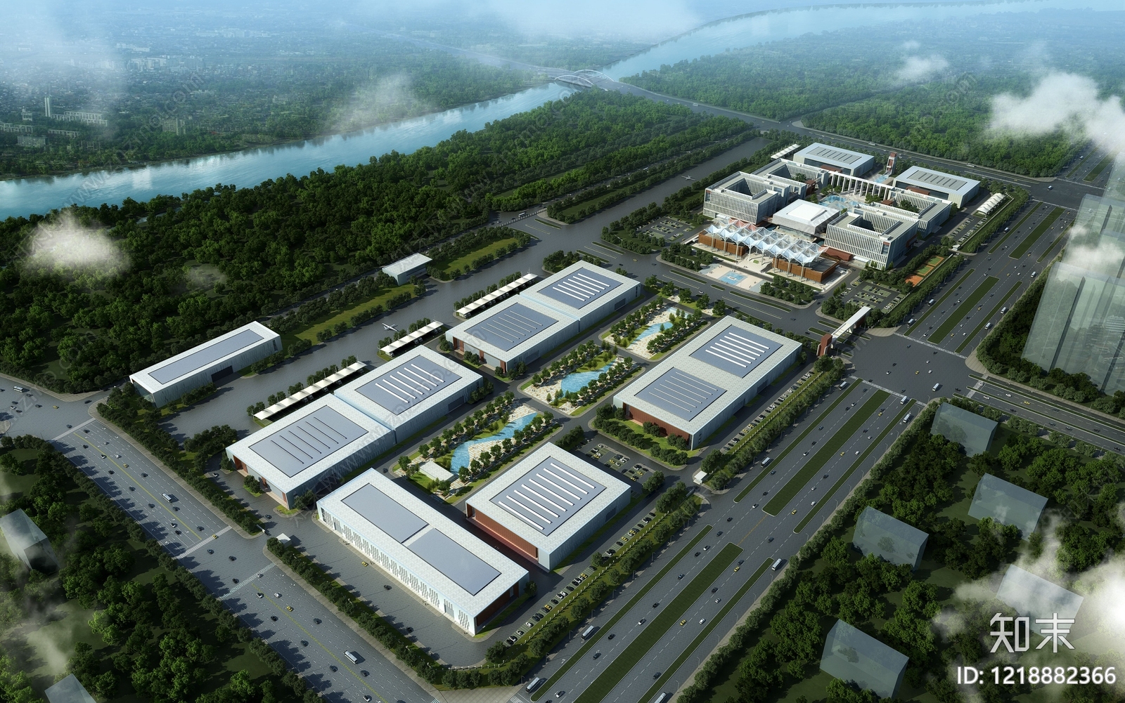 现代主义产业园办公楼3D模型下载【ID:1218882366】