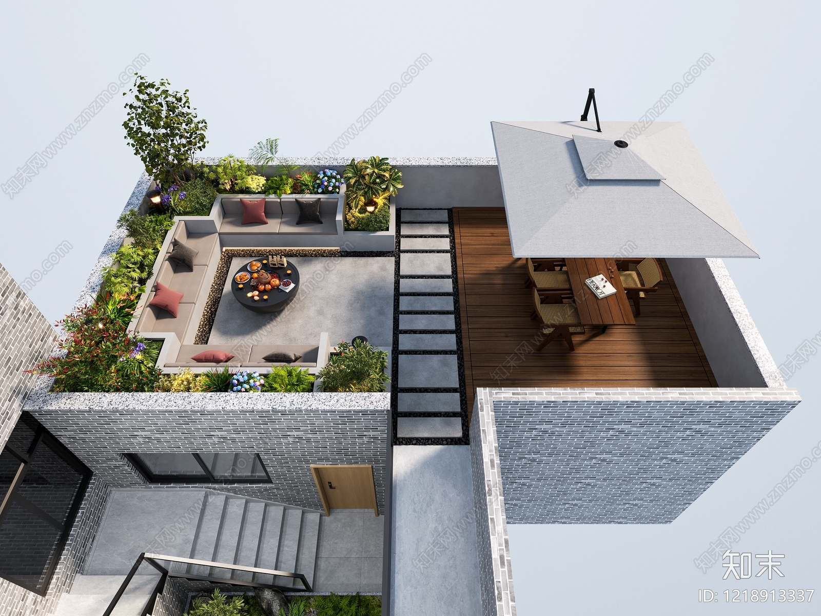 新中式屋顶花园3D模型渲染效果图