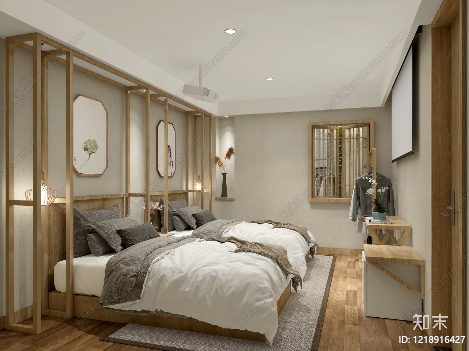 新中式家居卧室3D模型下载【ID:1218916427】