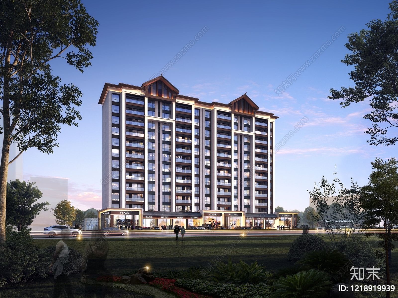 新中式小高层住宅楼3D模型渲染效果图