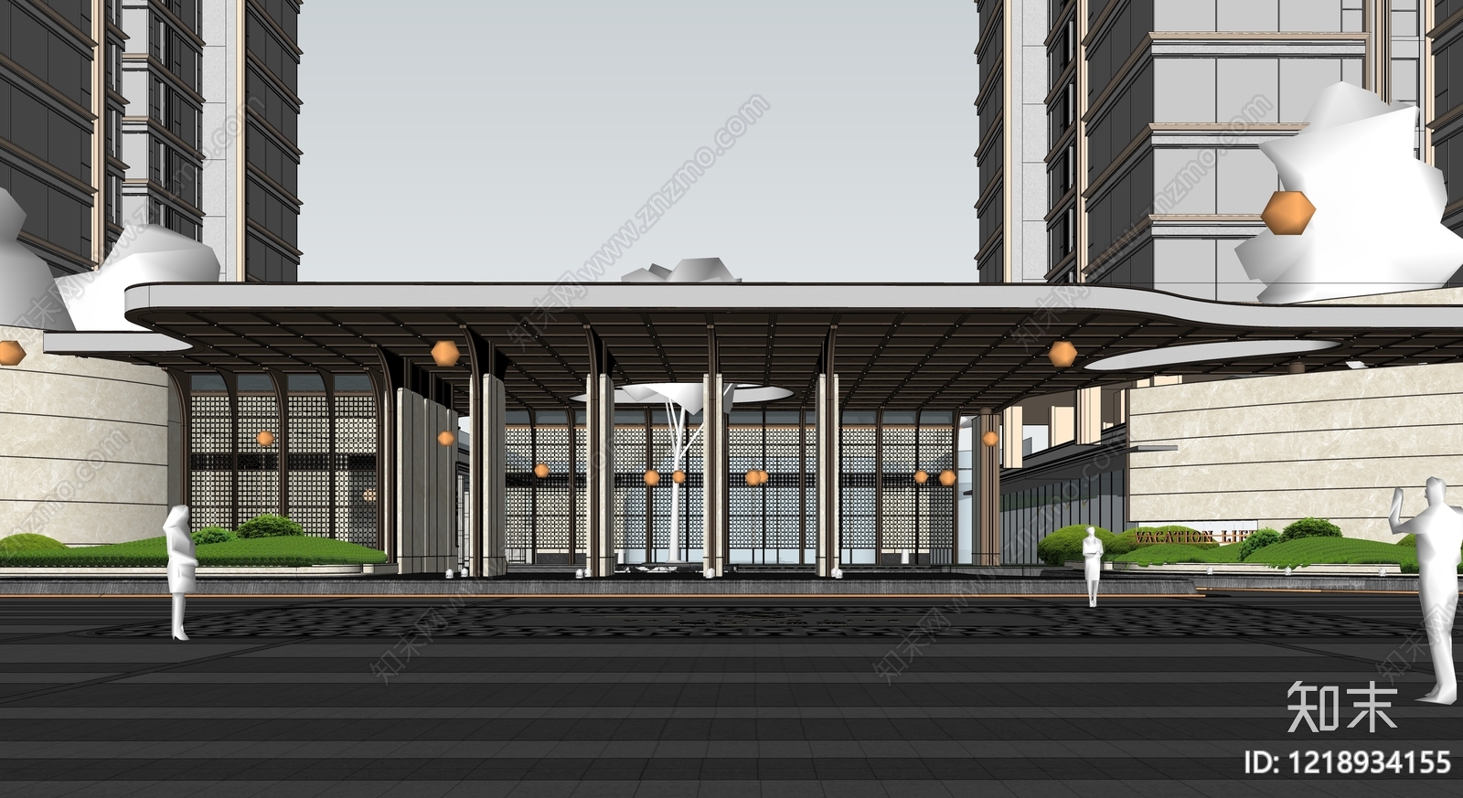 新中式售楼处建筑SU模型下载【ID:1218934155】