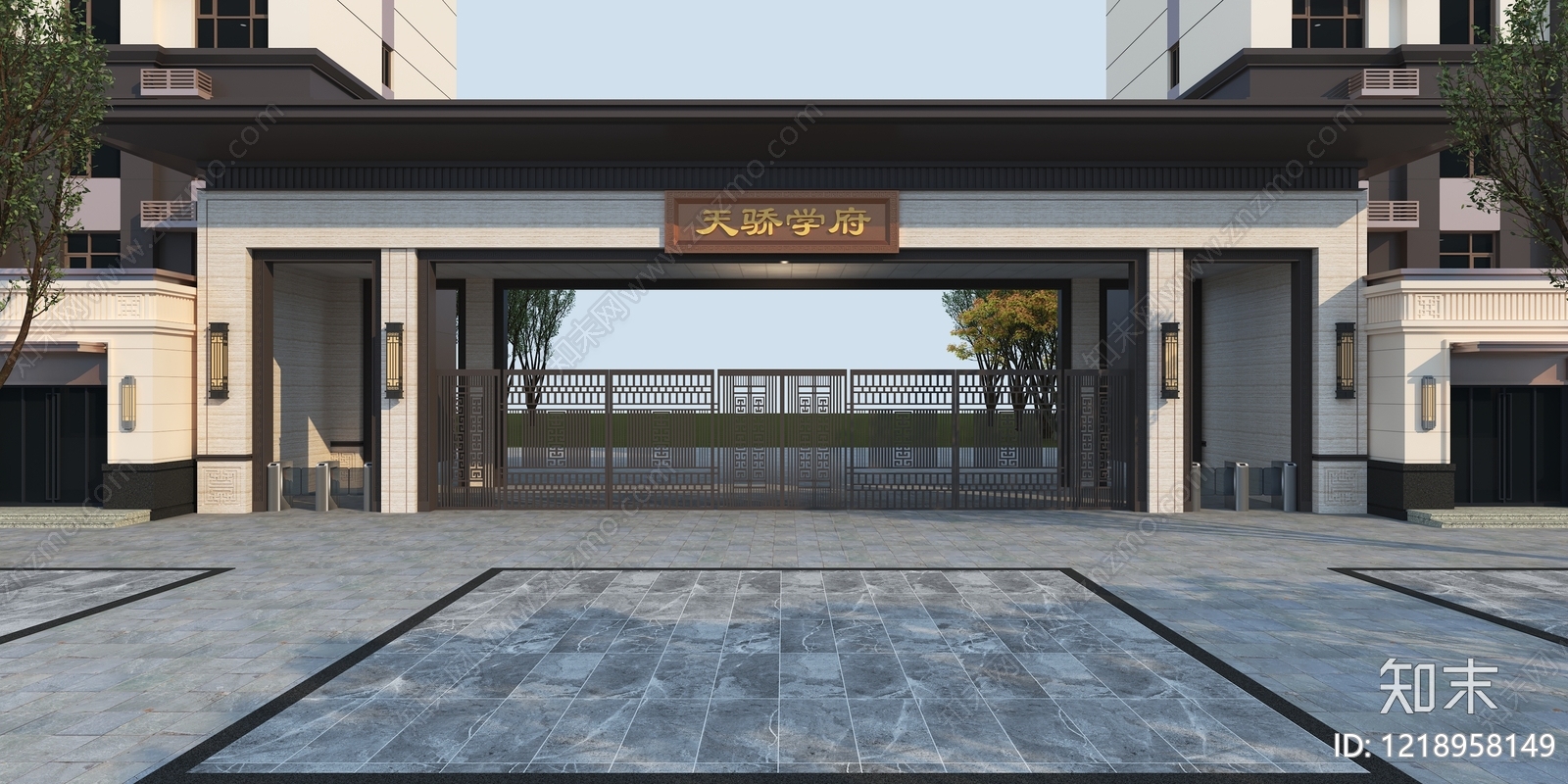 新中式大门3D模型渲染效果图