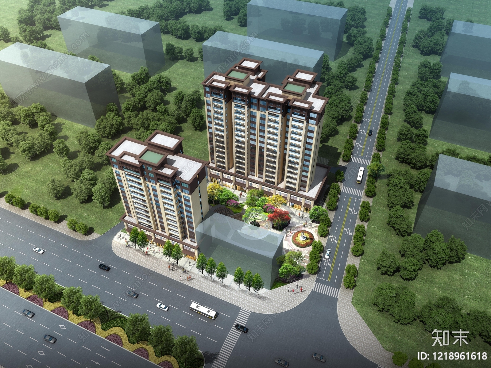 新中式小高层住宅楼3D模型渲染效果图