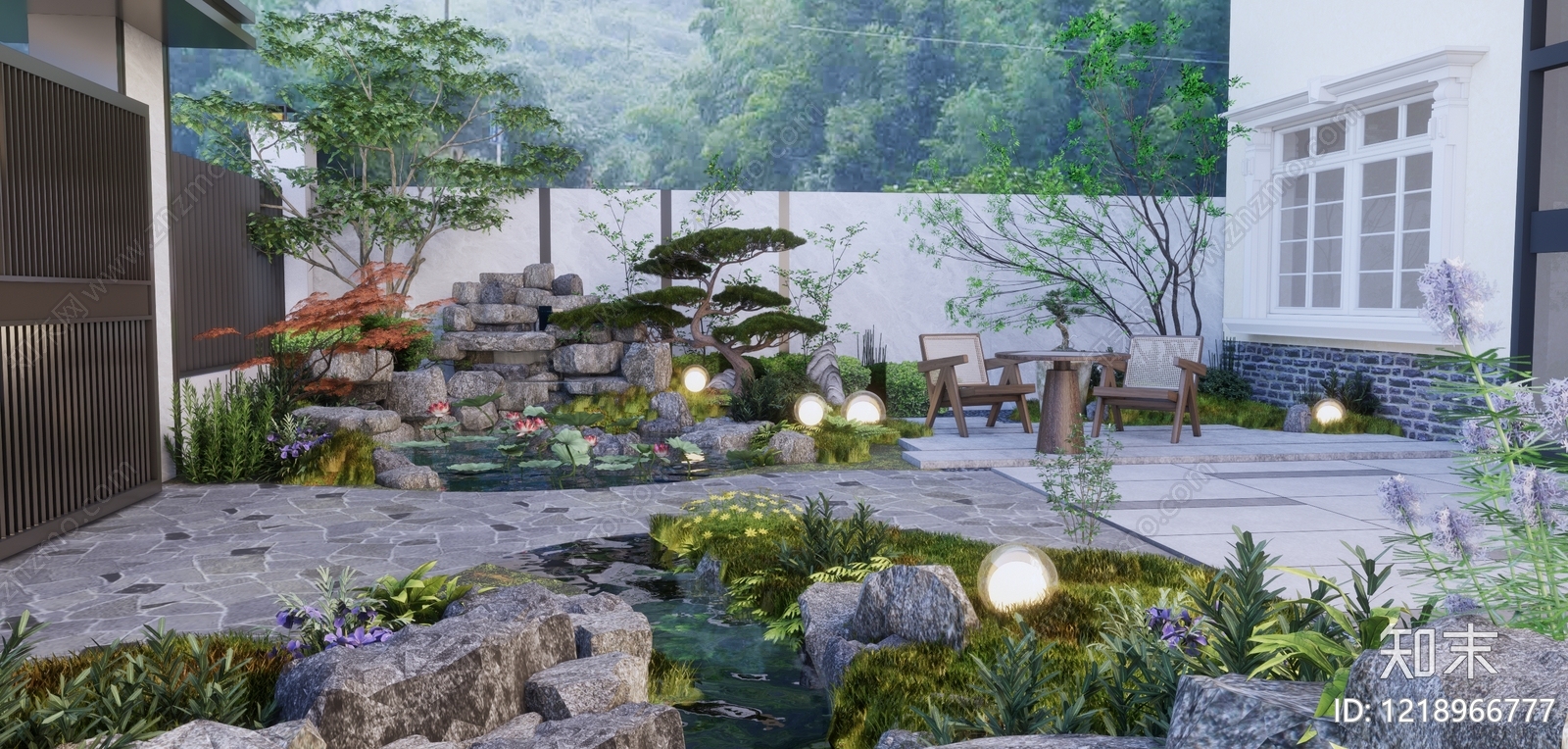 新中式景观别墅庭院SU模型下载【ID:1218966777】