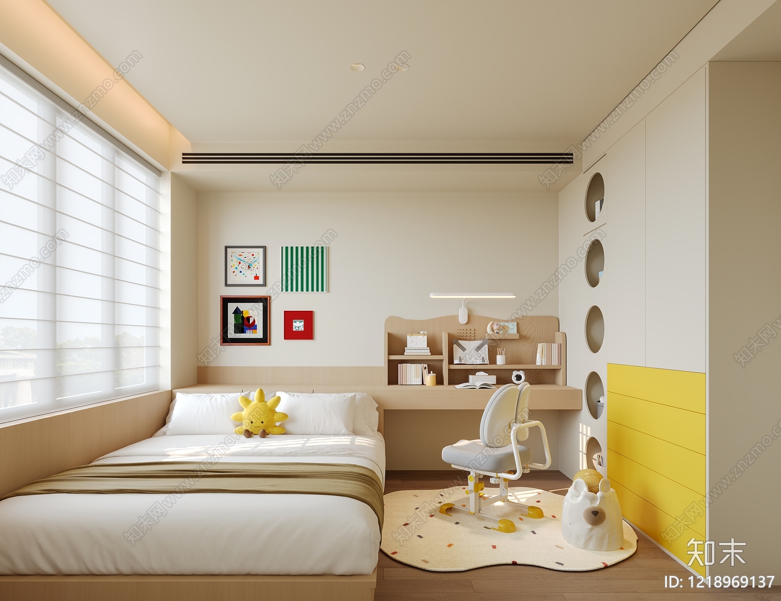 原木奶油风通用儿童房3D模型下载【ID:1218969137】