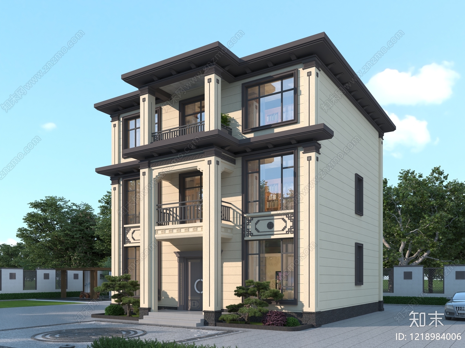 新中式别墅外观3D模型下载【ID:1218984006】