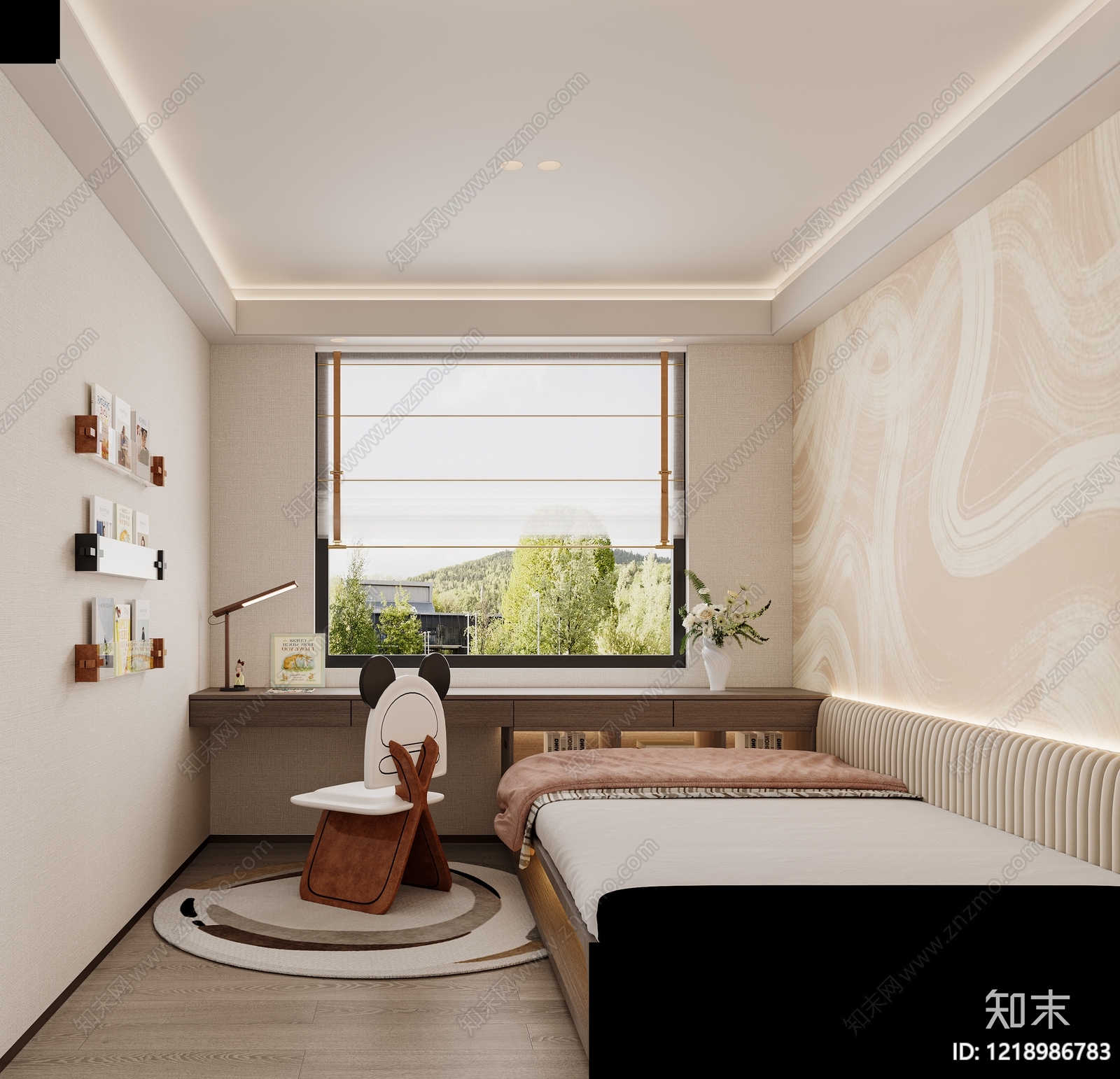 奶油风榻榻米卧室3D模型渲染效果图
