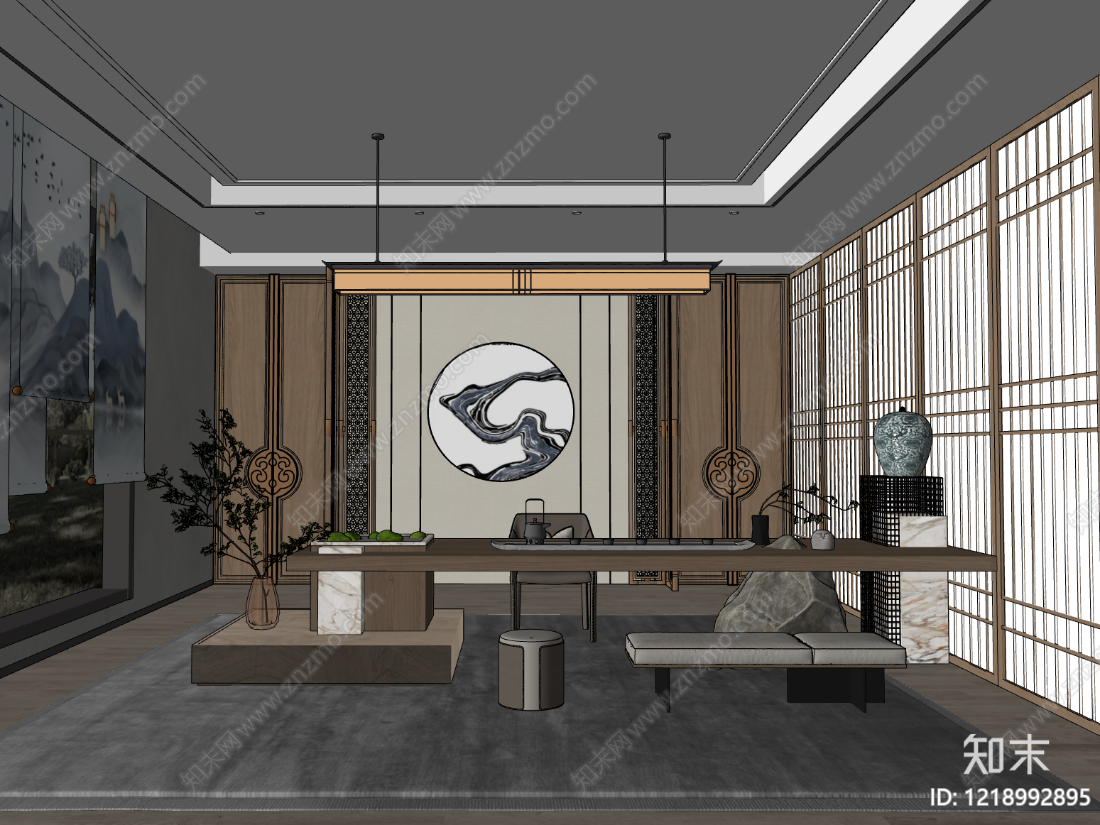 新中式茶室SU模型下载【ID:1218992895】