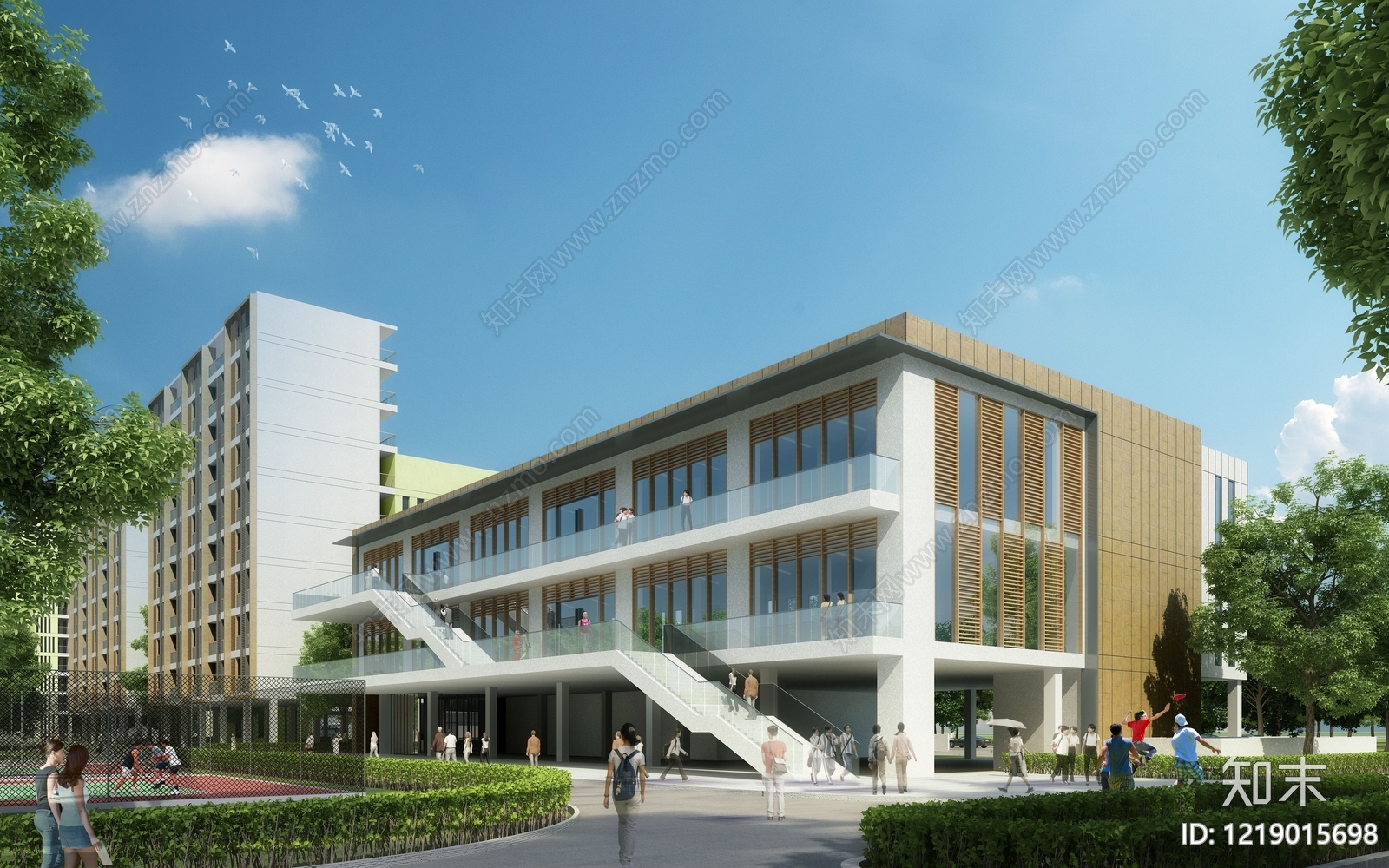 现代主义学校外观3D模型渲染效果图