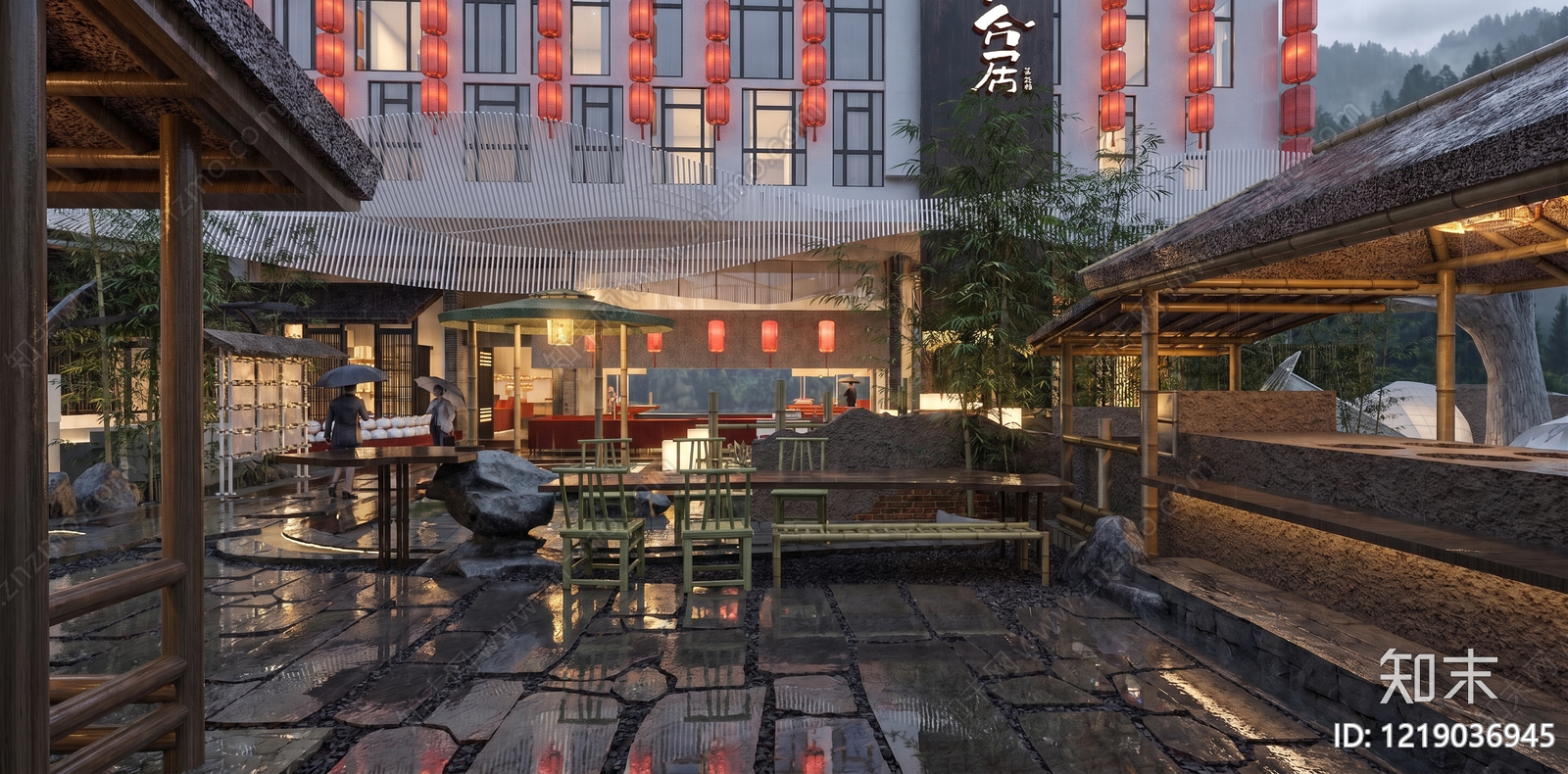 新中式餐饮建筑SU模型下载【ID:1219036945】