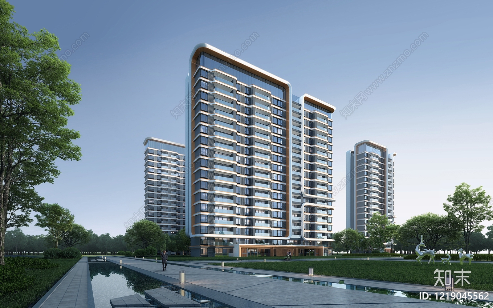 现代主义小高层住宅楼3D模型渲染效果图