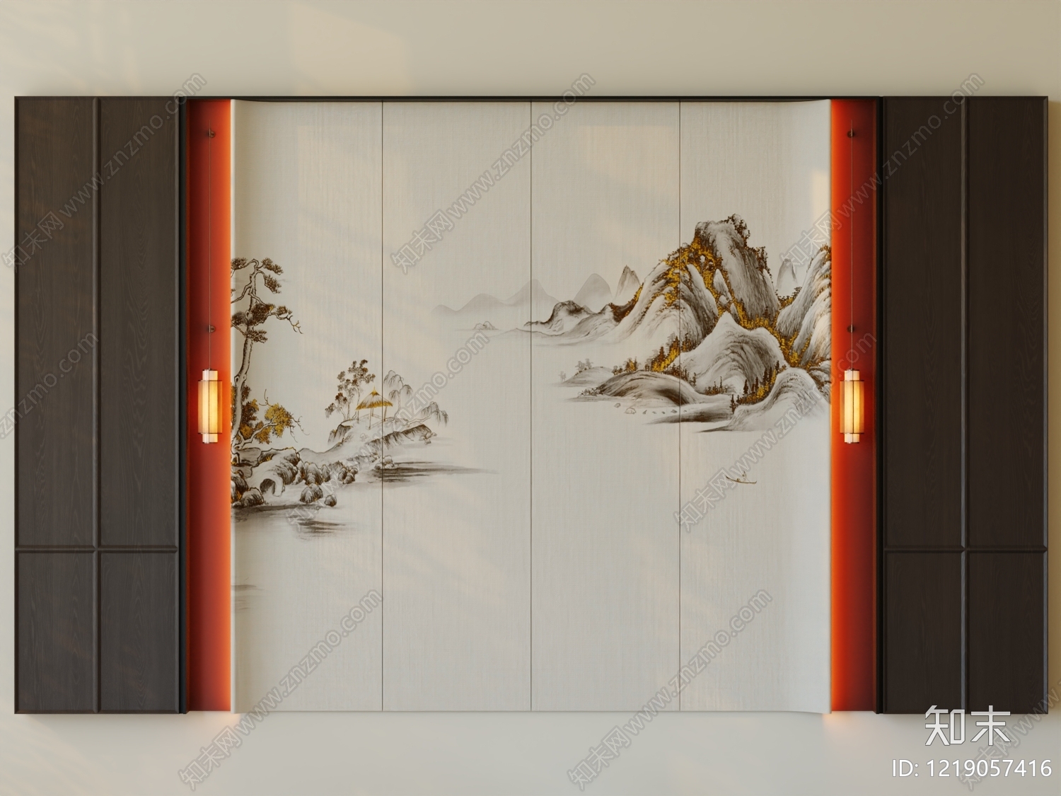 新中式电视背景墙3D模型渲染效果图